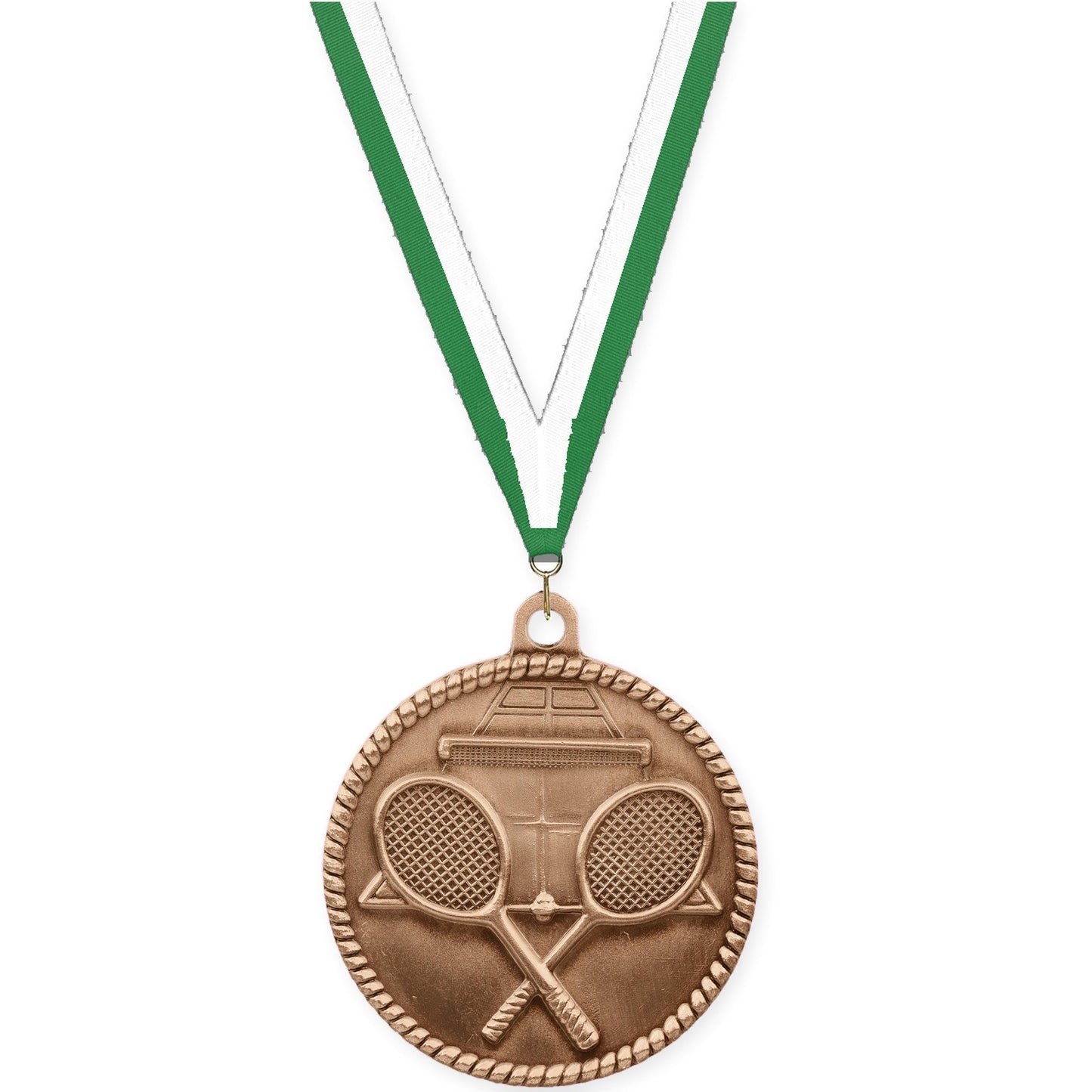 2 inch tennis High Relief medal in antique bronze with Green White neck ribbon