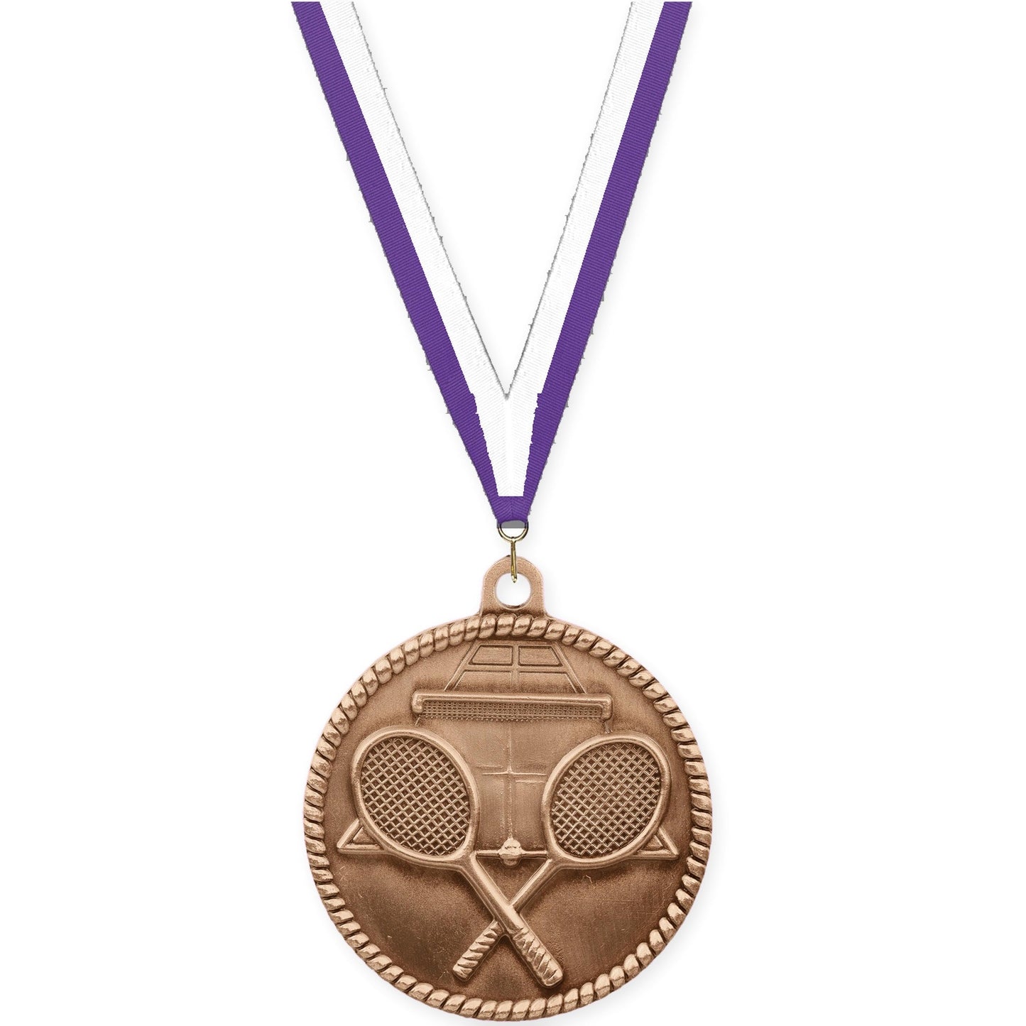 2 inch tennis High Relief medal in antique bronze with Purple White neck ribbon