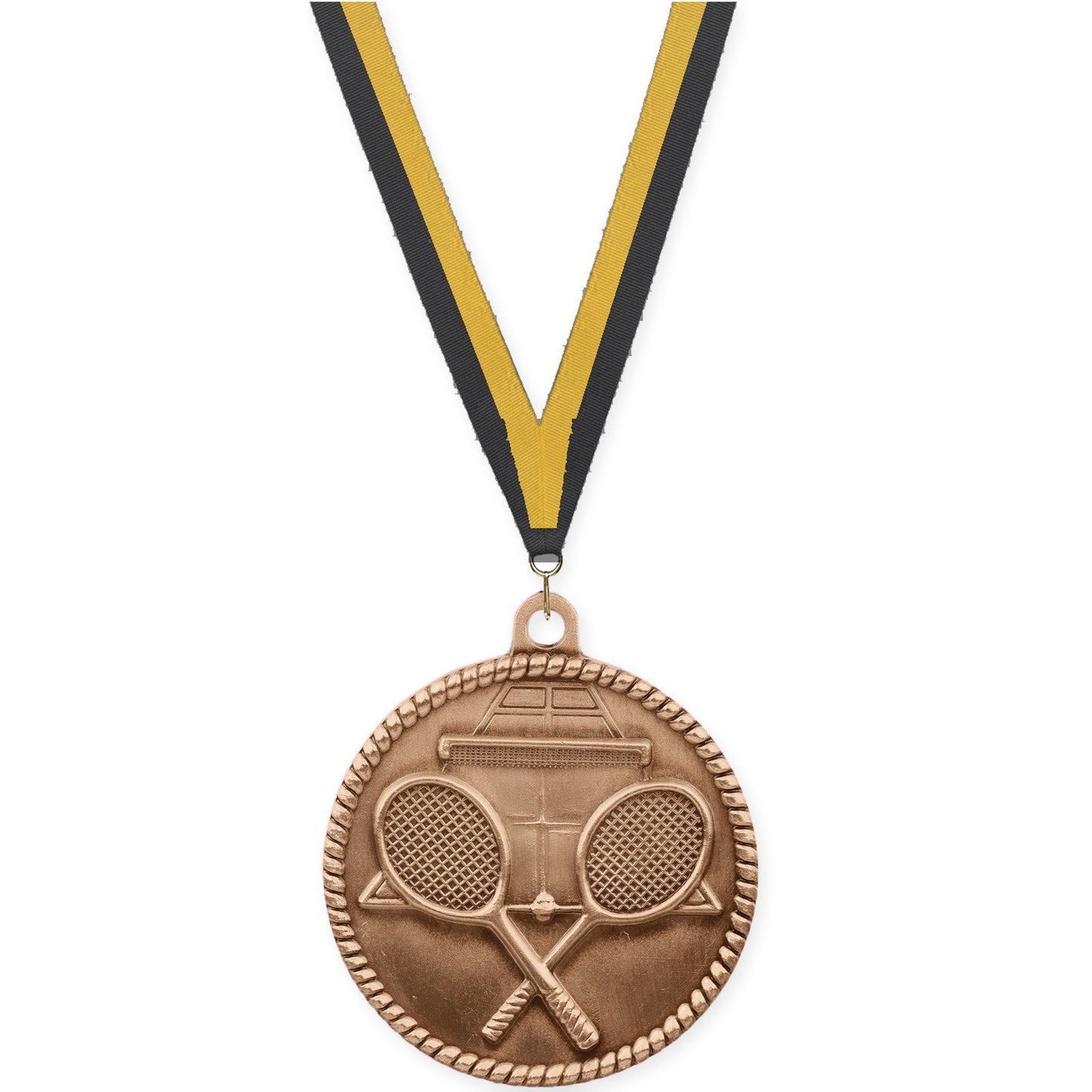 2 inch tennis High Relief medal in antique bronze with Black Gold neck ribbon