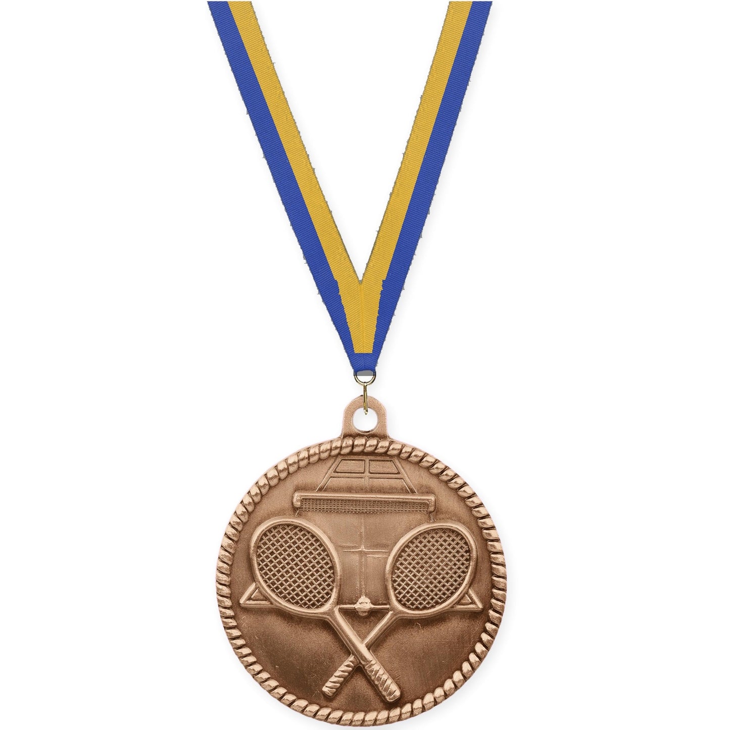 2 inch tennis High Relief medal in antique bronze with Blue Gold neck ribbon