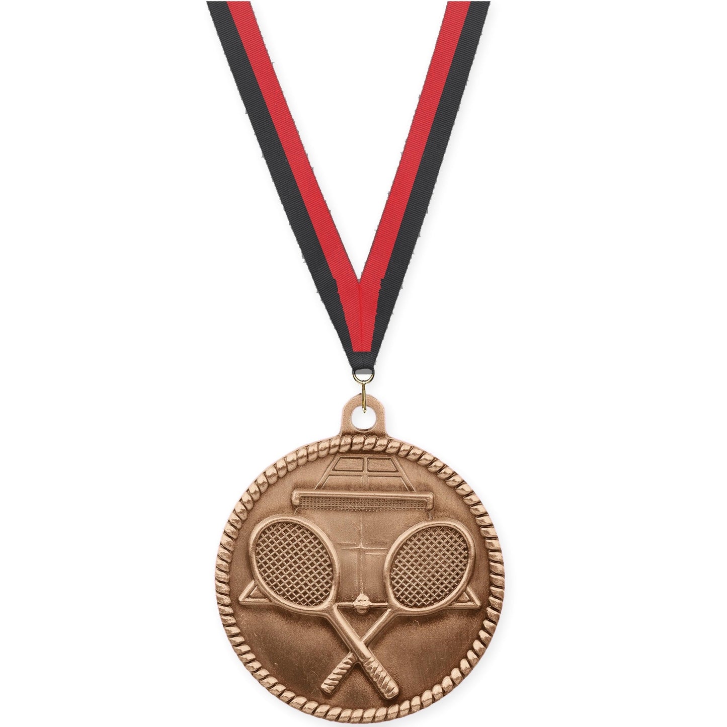 2 inch tennis High Relief medal in antique bronze with Black Red neck ribbon