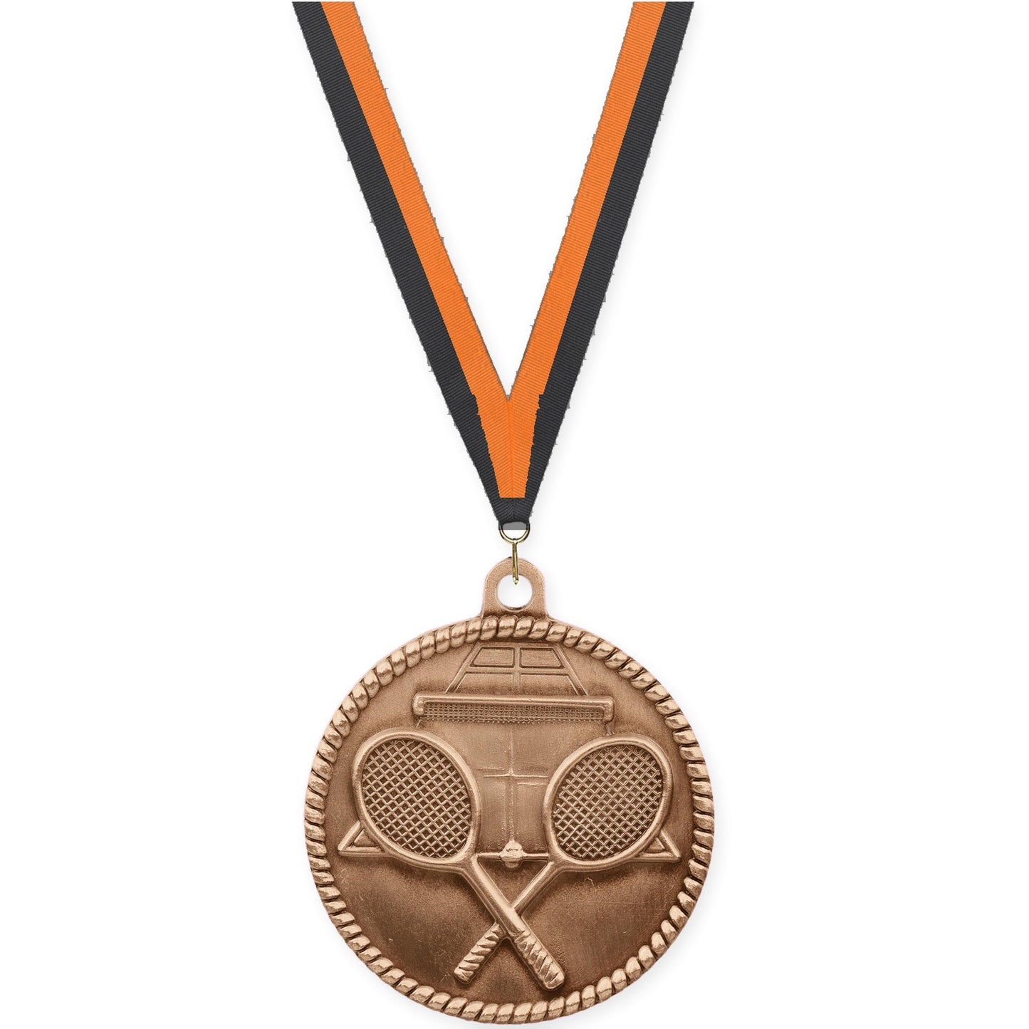 2 inch tennis High Relief medal in antique bronze with Black Orange neck ribbon