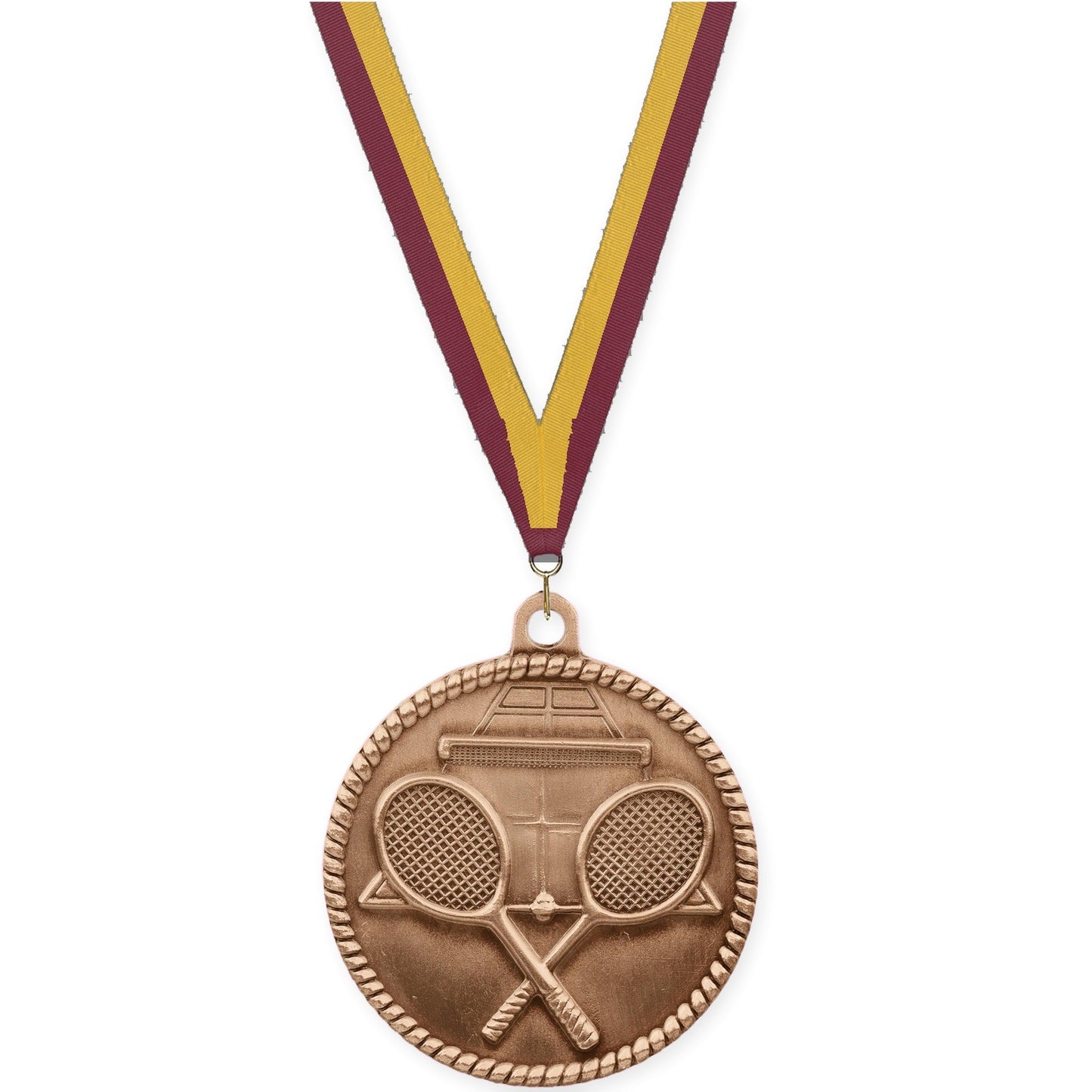 2 inch tennis High Relief medal in antique bronze with Maroon Gold neck ribbon