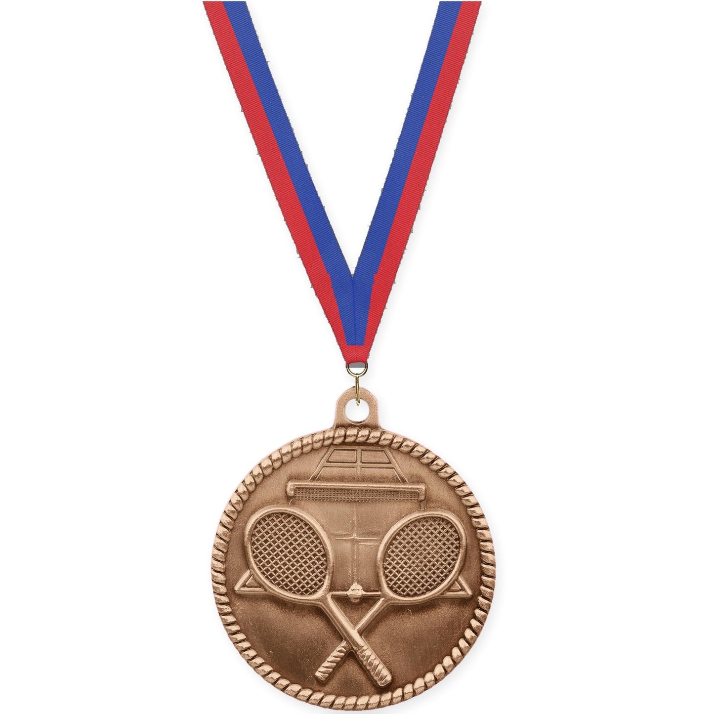 2 inch tennis High Relief medal in antique bronze with Blue Red neck ribbon