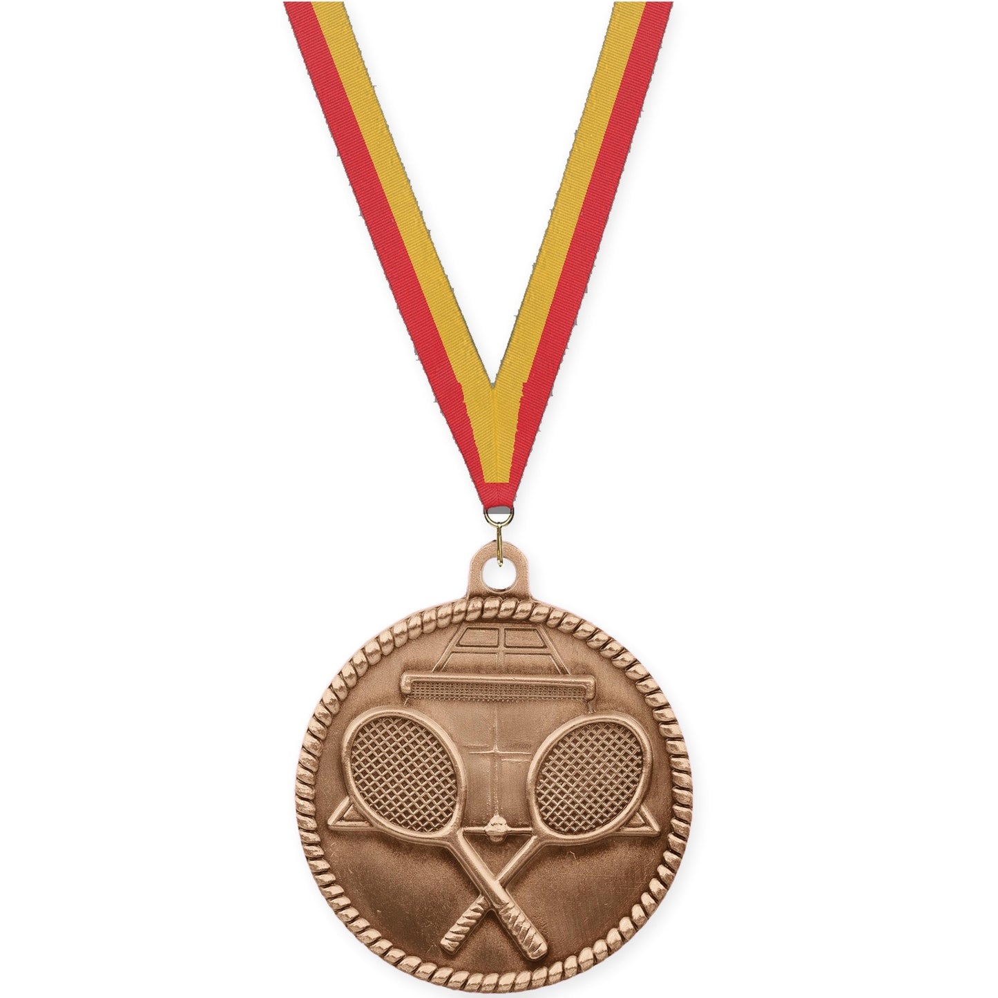 2 inch tennis High Relief medal in antique bronze with Red Gold neck ribbon