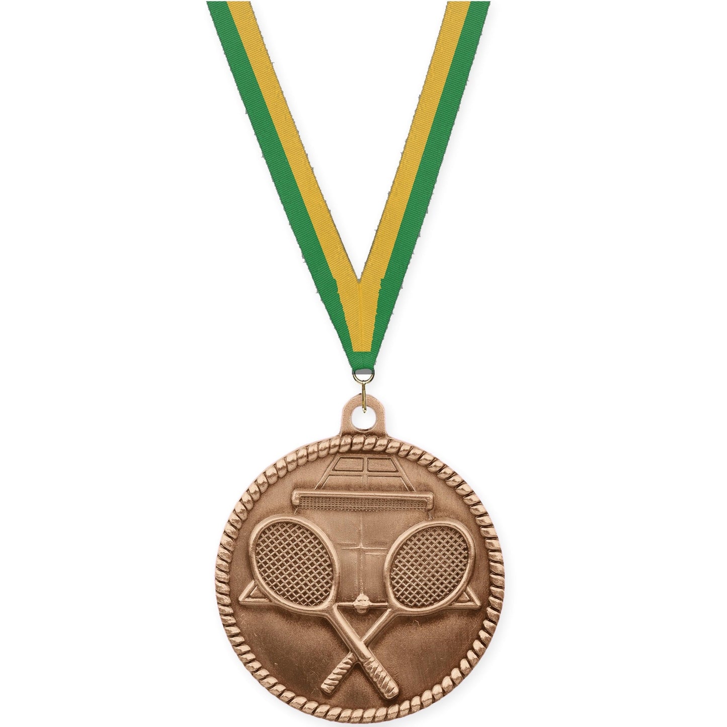 2 inch tennis High Relief medal in antique bronze with Green Gold neck ribbon