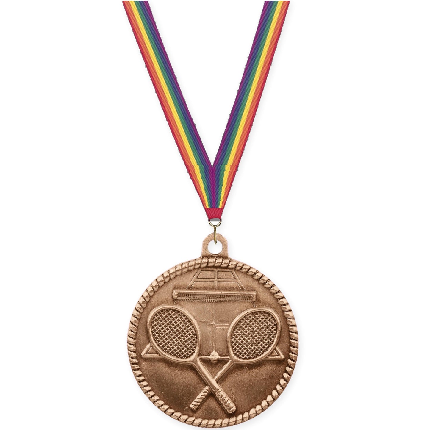 2 inch tennis High Relief medal in antique bronze with Rainbow neck ribbon