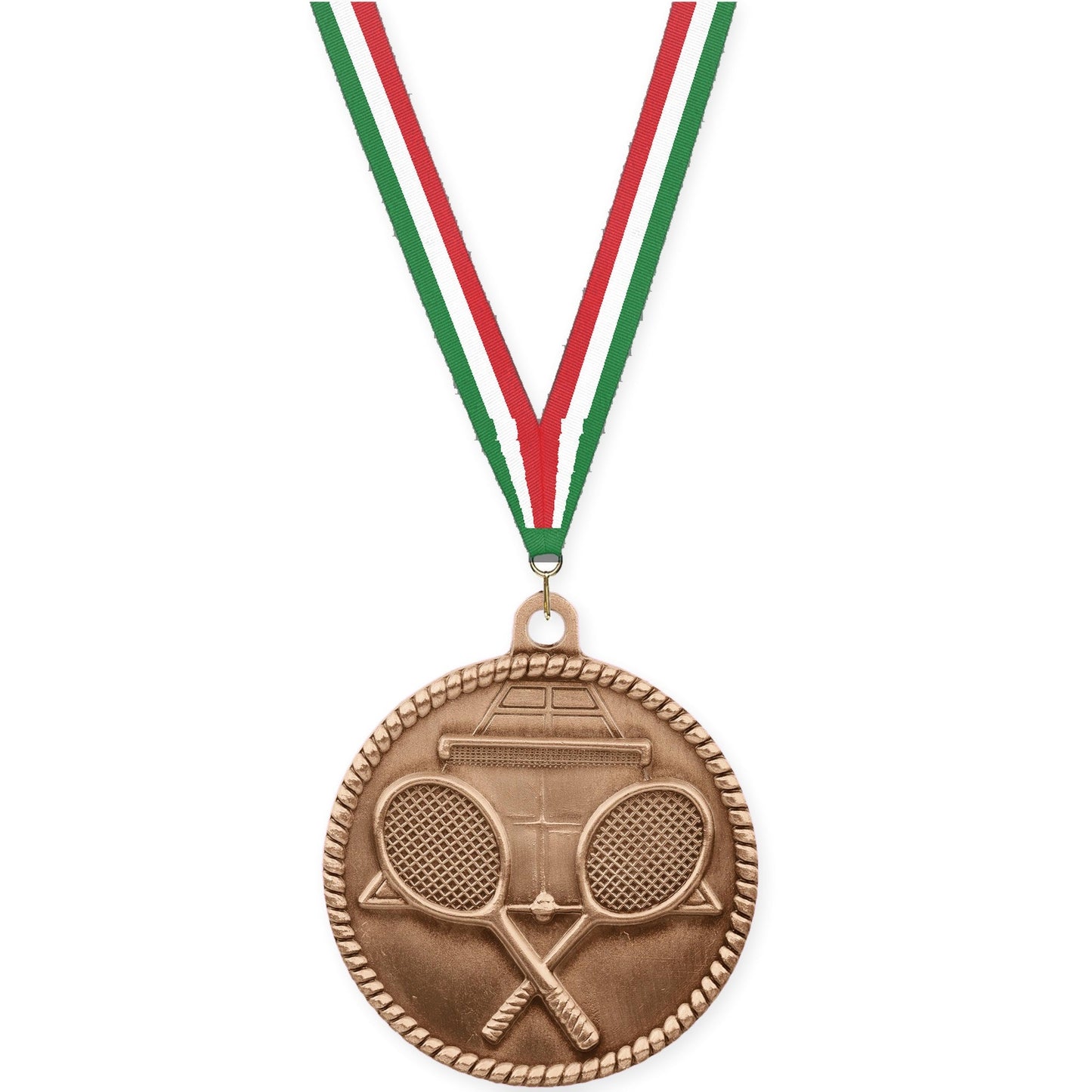 2 inch tennis High Relief medal in antique bronze with Green White Red neck ribbon
