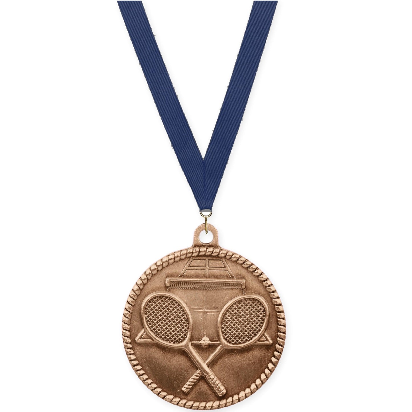 2 inch tennis High Relief medal in antique bronze with Navy neck ribbon