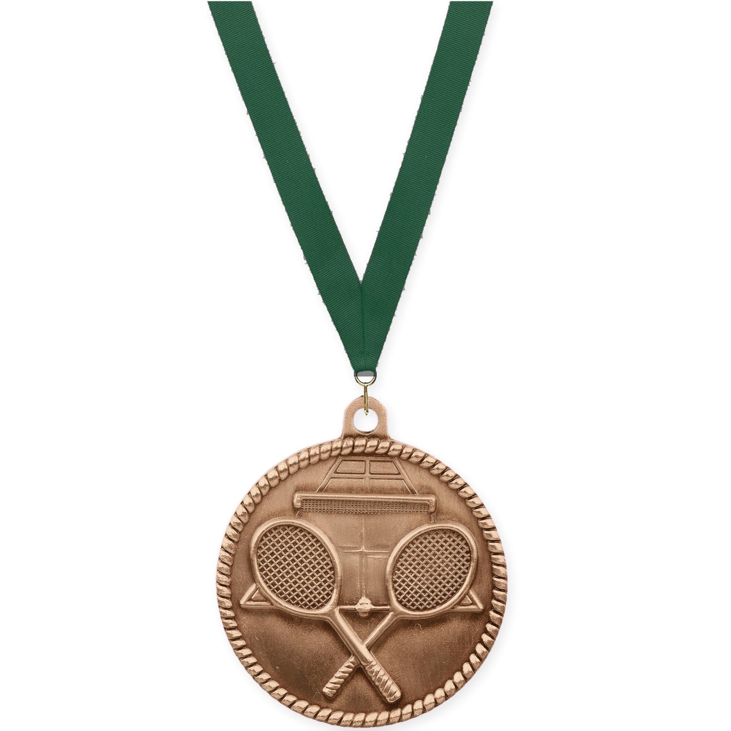 2 inch tennis High Relief medal in antique bronze with Hunter Green neck ribbon