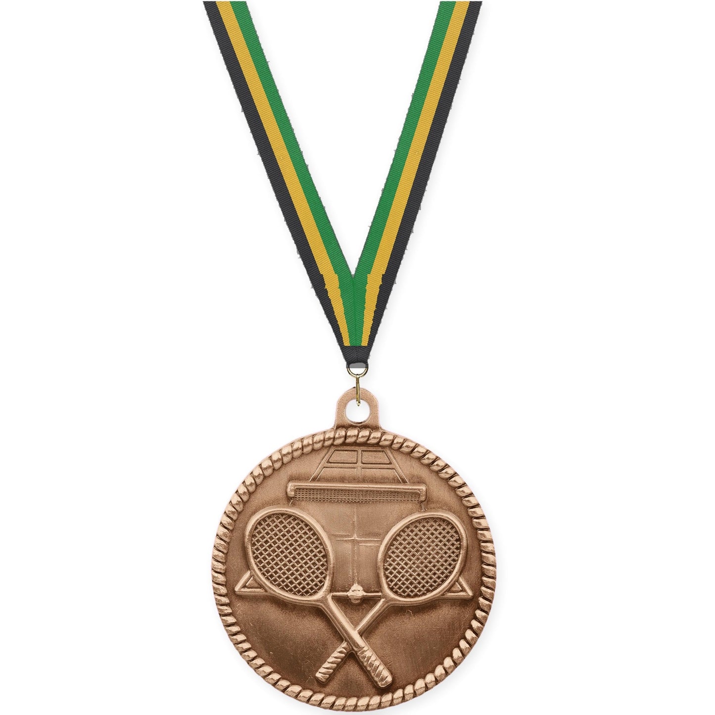 2 inch tennis High Relief medal in antique bronze with Black Gold Green neck ribbon