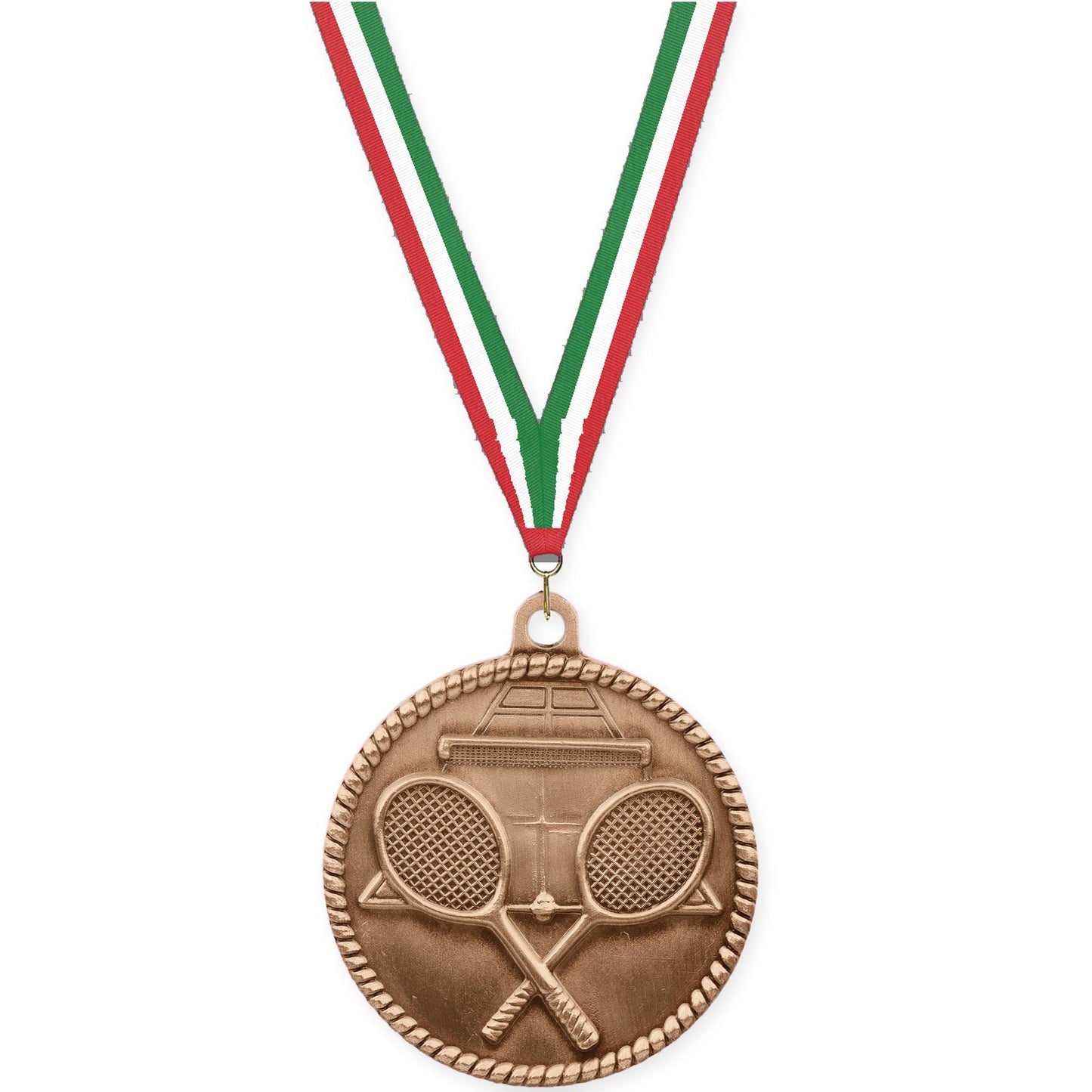 2 inch tennis High Relief medal in antique bronze with Red White Green neck ribbon