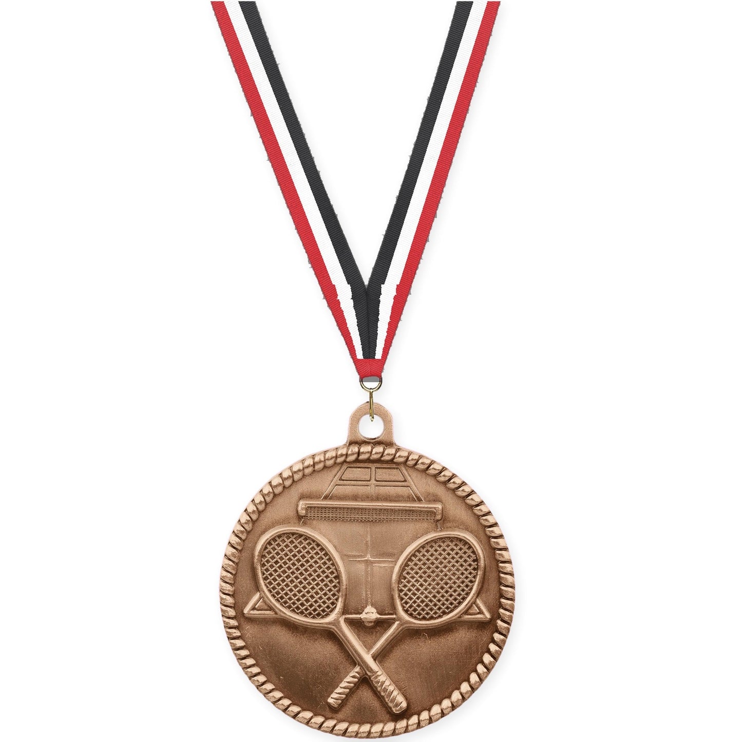 2 inch tennis High Relief medal in antique bronze with Red White Black neck ribbon