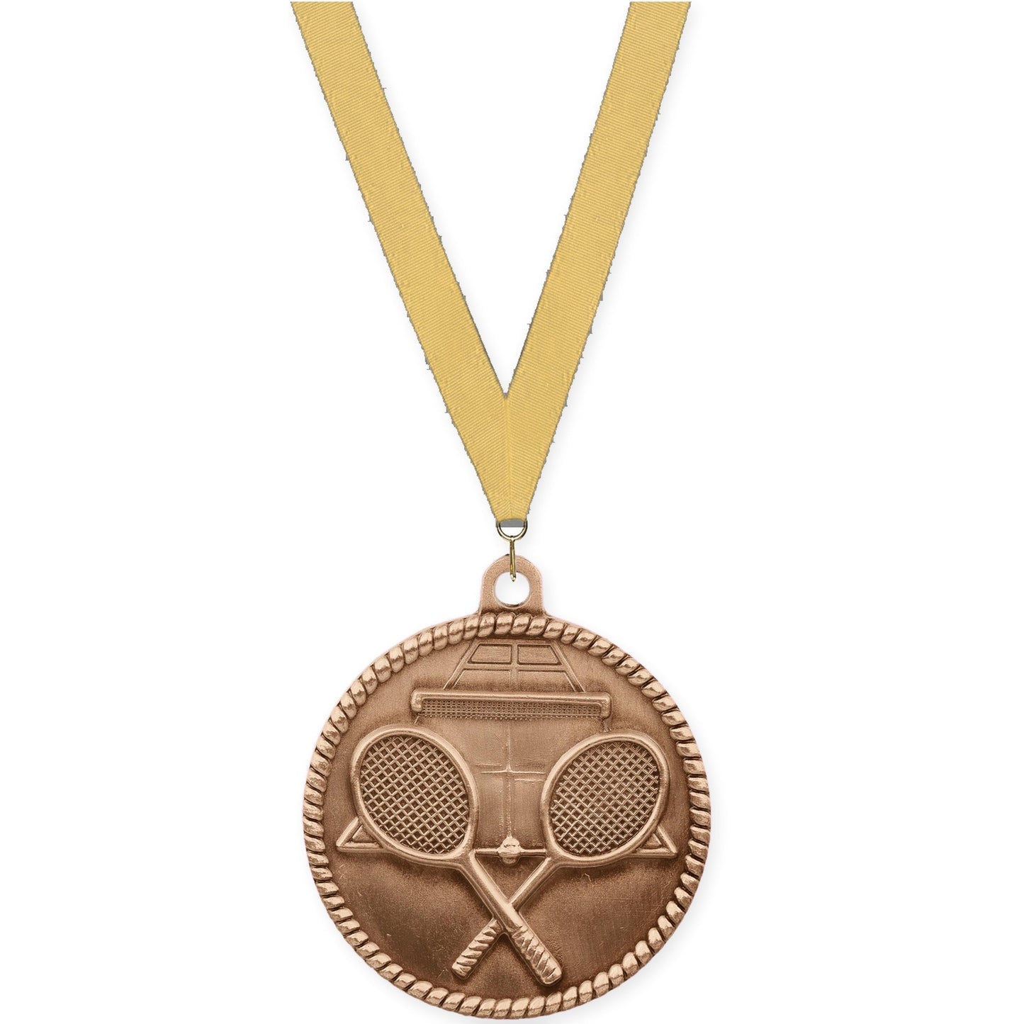2 inch tennis High Relief medal in antique bronze with Gold Metallic neck ribbon