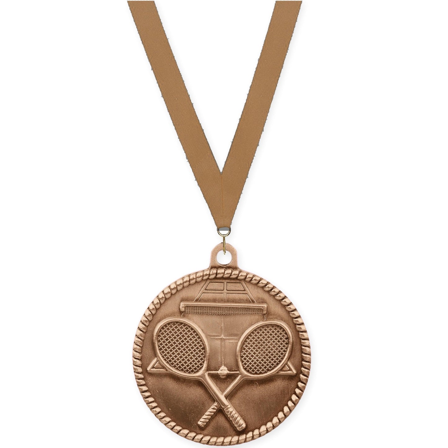 2 inch tennis High Relief medal in antique bronze with Bronze Metallic neck ribbon