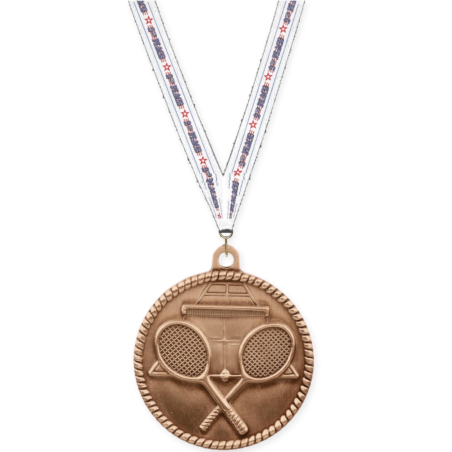 2 inch tennis High Relief medal in antique bronze with 2nd Place neck ribbon