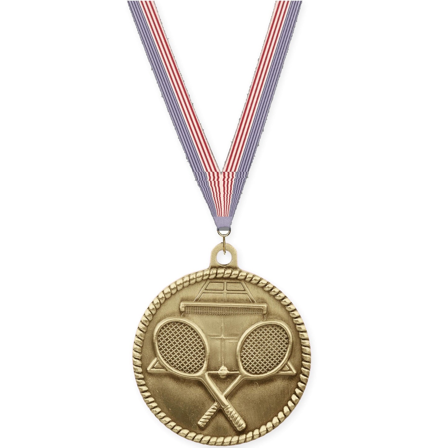 2 inch tennis High Relief medal in antique gold with USA Flag neck ribbon