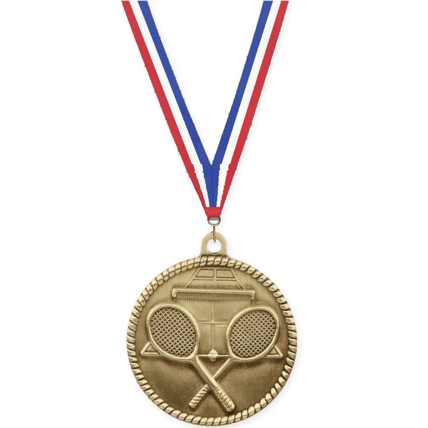 2 inch tennis High Relief medal in antique gold with Red White Blue neck ribbon