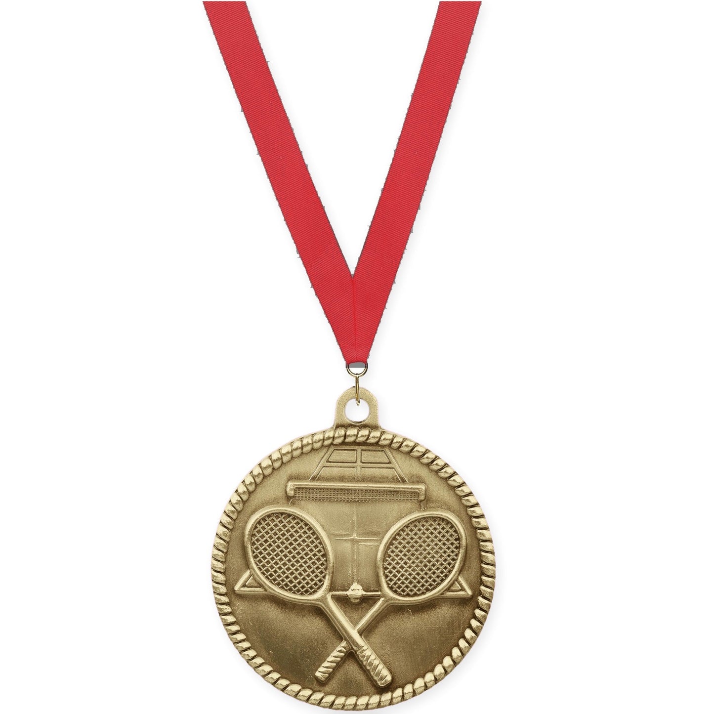 2 inch tennis High Relief medal in antique gold with Red neck ribbon