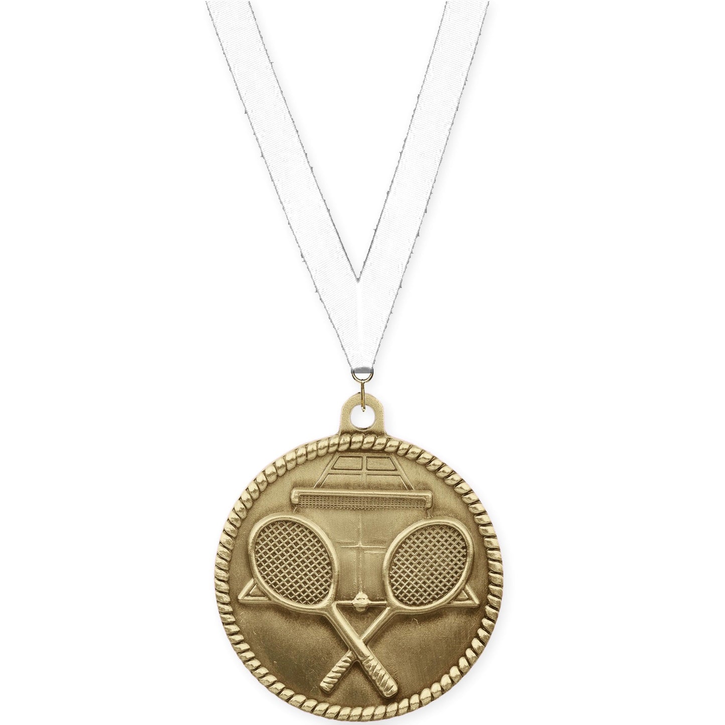 2 inch tennis High Relief medal in antique gold with White neck ribbon