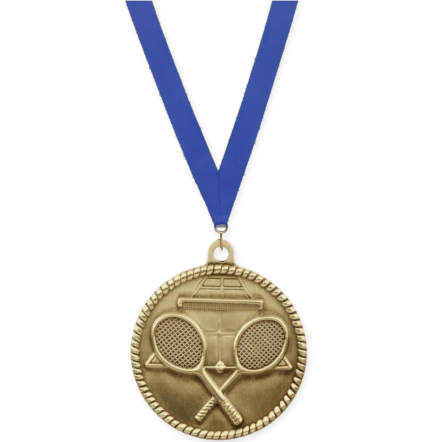 2 inch tennis High Relief medal in antique gold with Blue neck ribbon