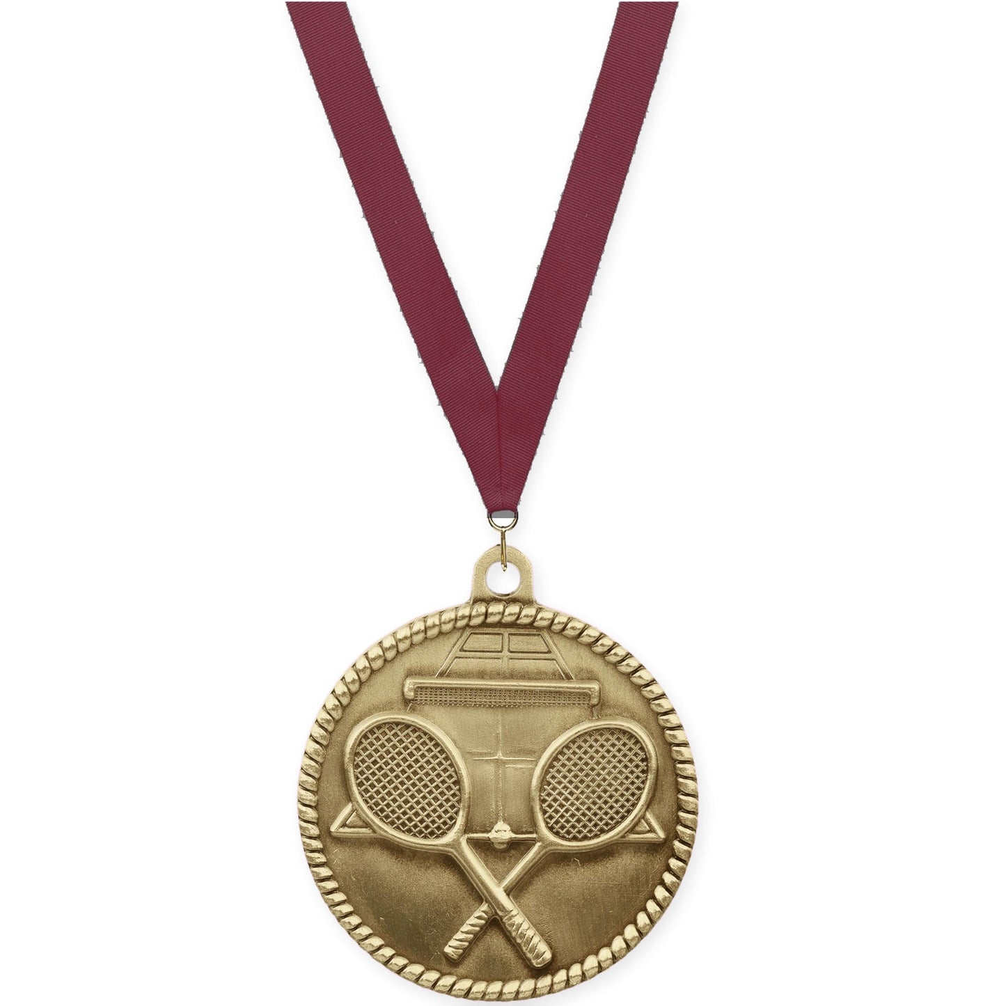 2 inch tennis High Relief medal in antique gold with Maroon neck ribbon