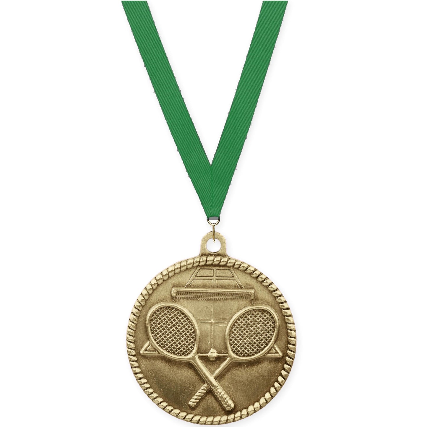 2 inch tennis High Relief medal in antique gold with Green neck ribbon