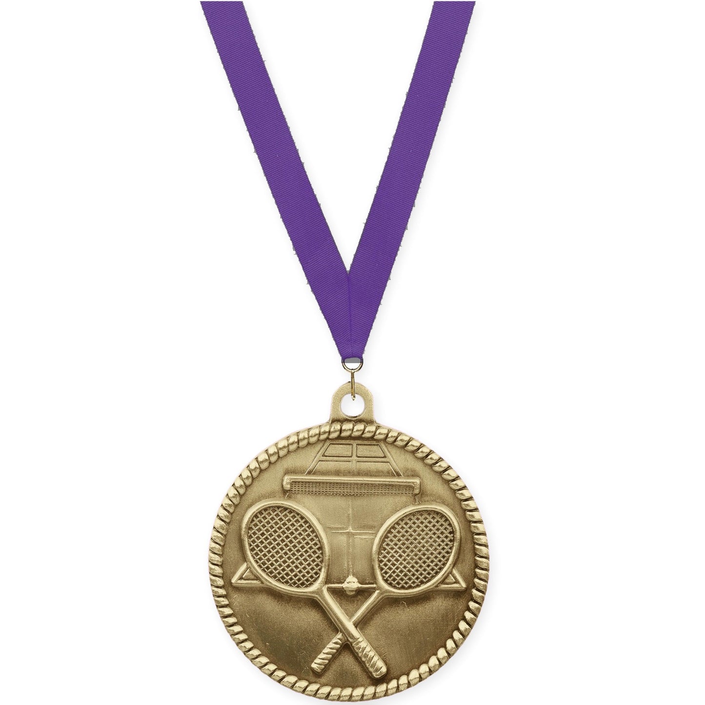 2 inch tennis High Relief medal in antique gold with Purple neck ribbon