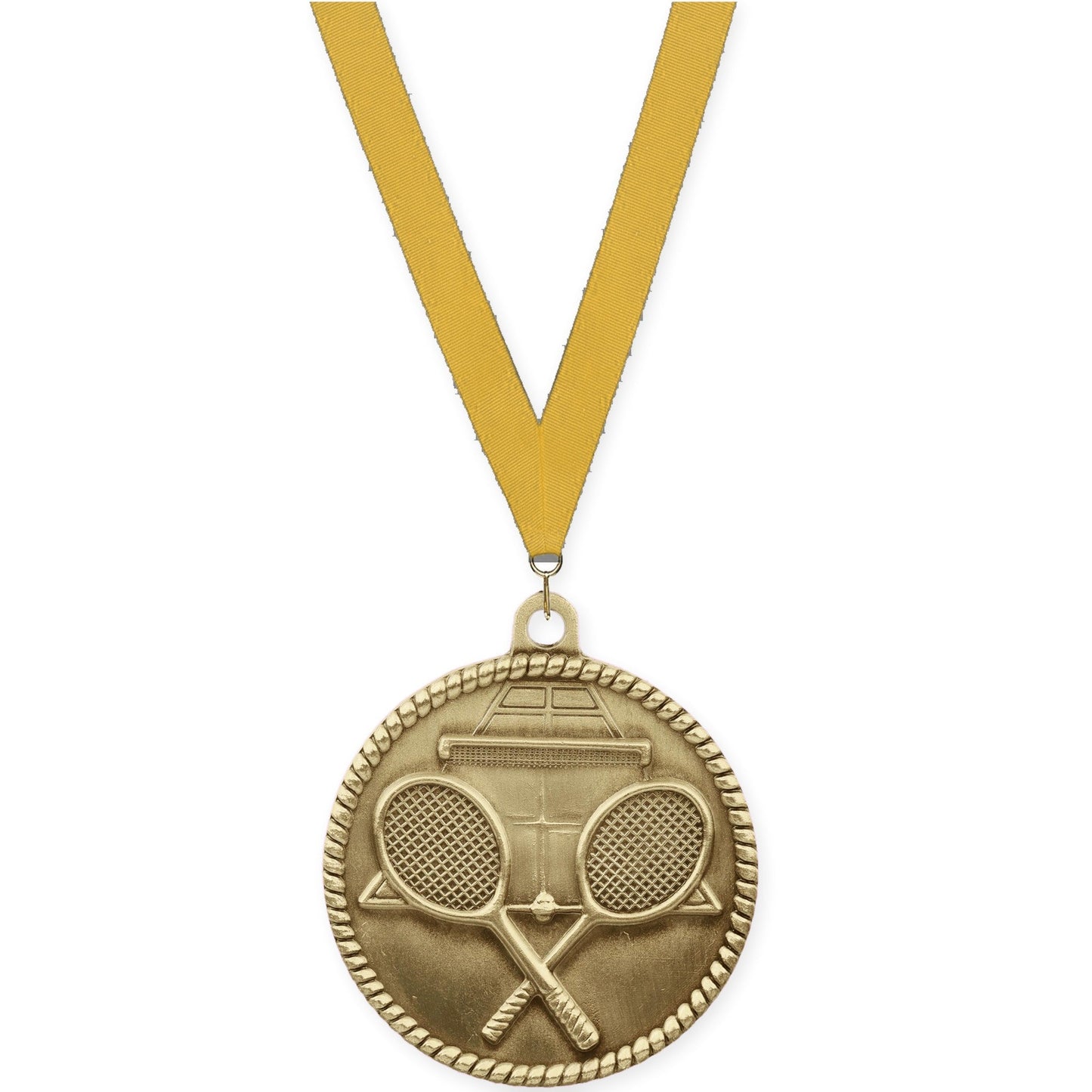 2 inch tennis High Relief medal in antique gold with Gold neck ribbon