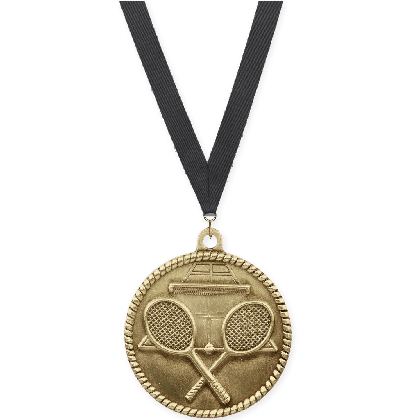 2 inch tennis High Relief medal in antique gold with Black neck ribbon