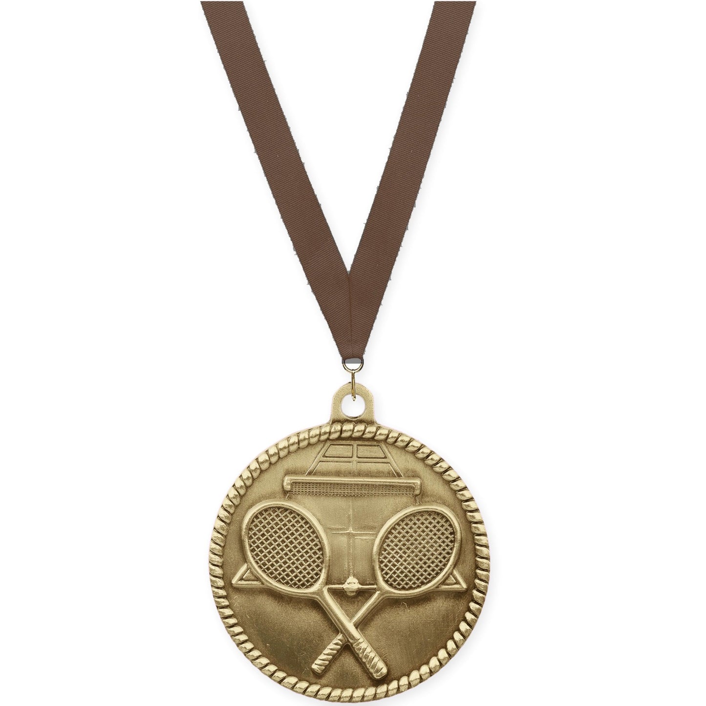2 inch tennis High Relief medal in antique gold with Brown neck ribbon