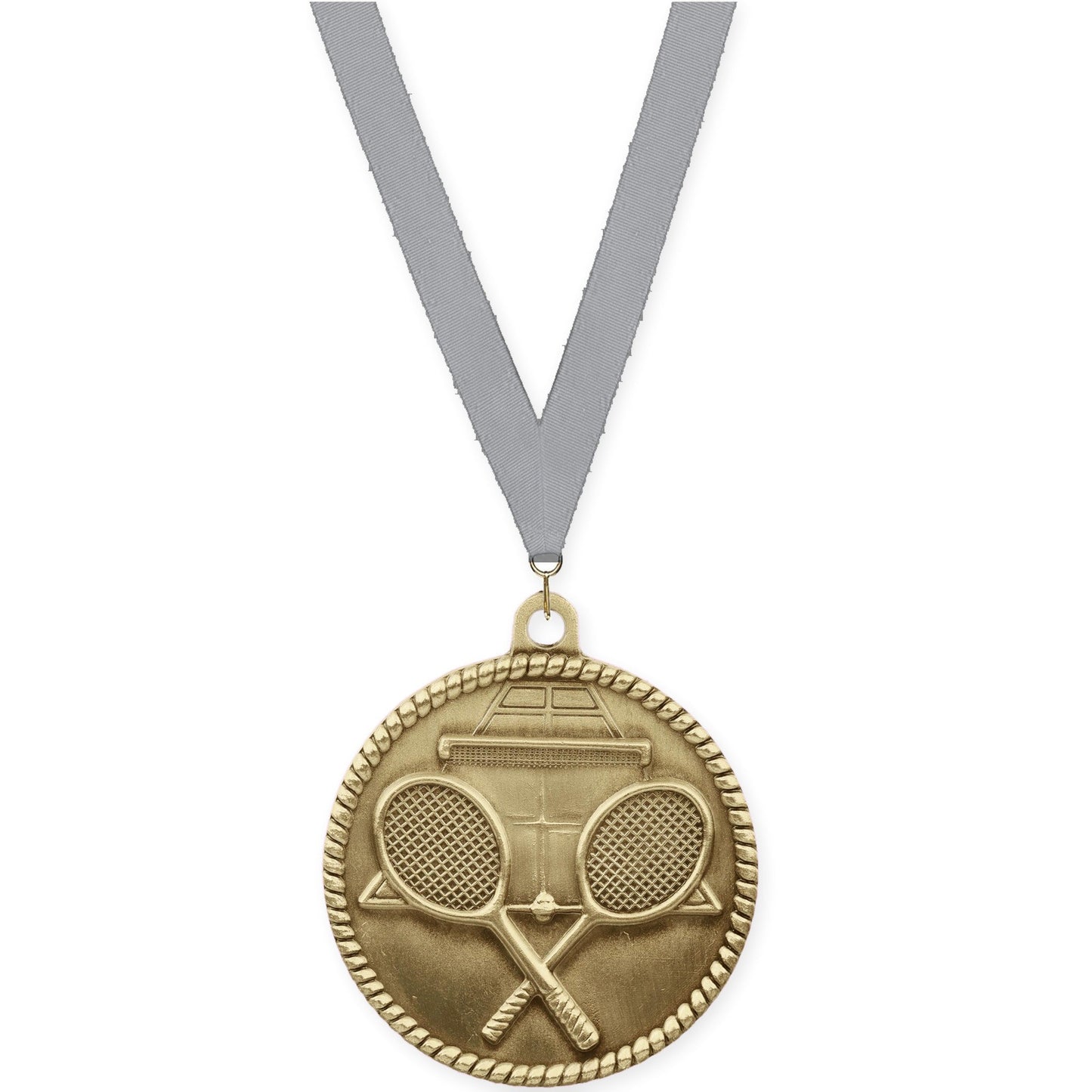 2 inch tennis High Relief medal in antique gold with Gray neck ribbon