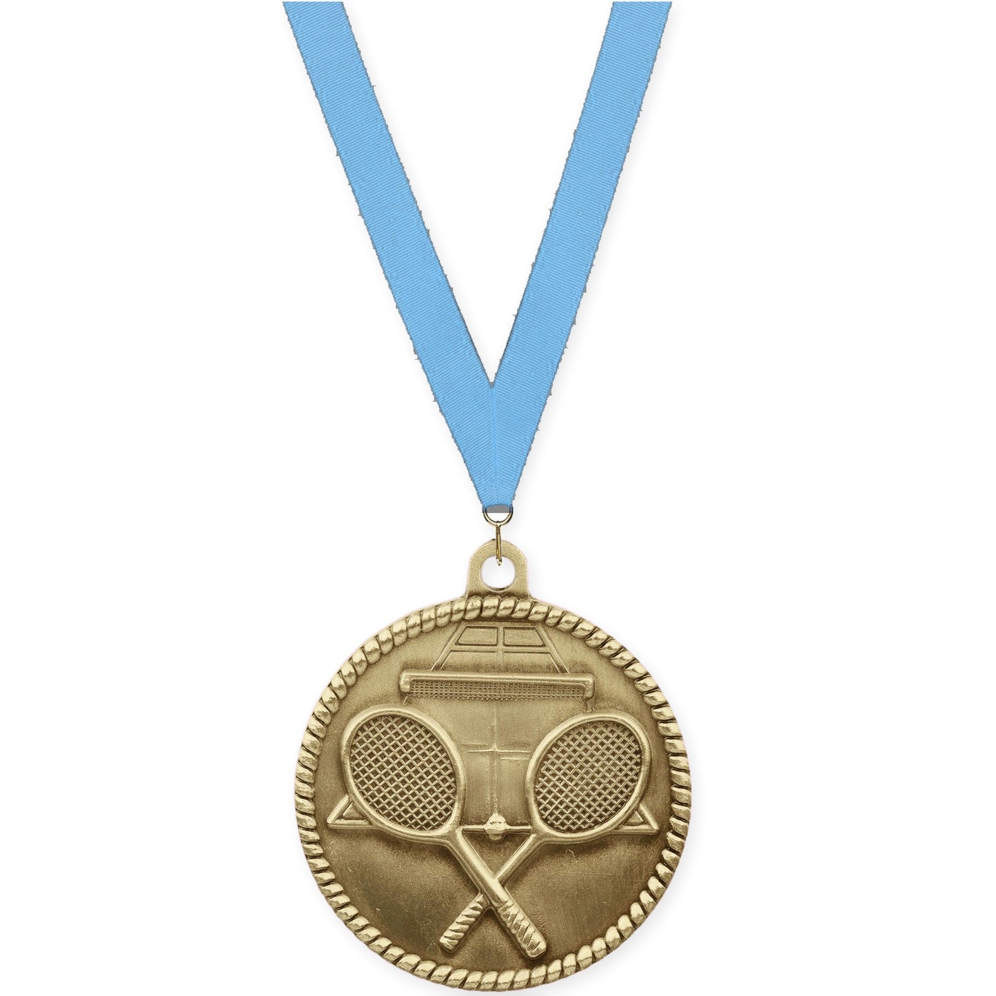 2 inch tennis High Relief medal in antique gold with Light Blue neck ribbon