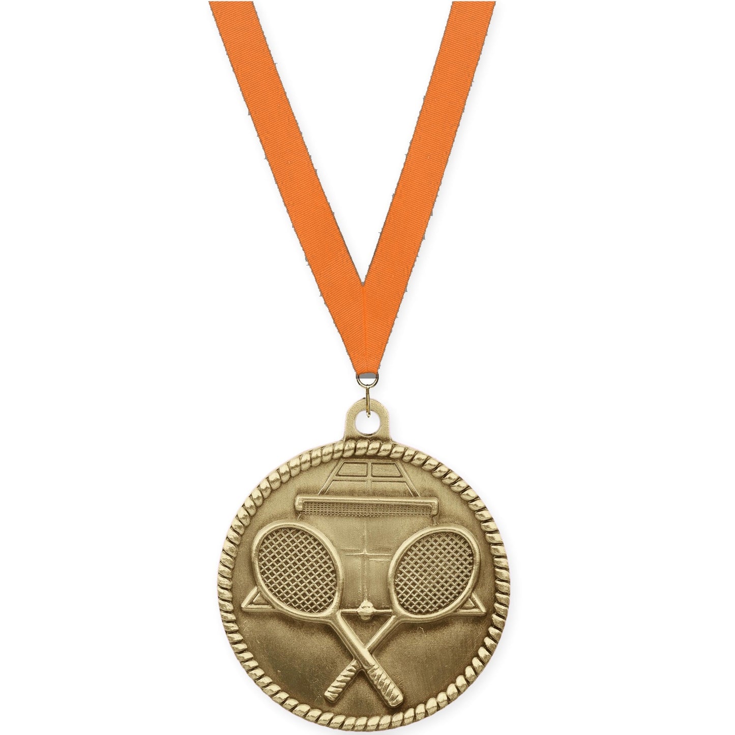 2 inch tennis High Relief medal in antique gold with Orange neck ribbon