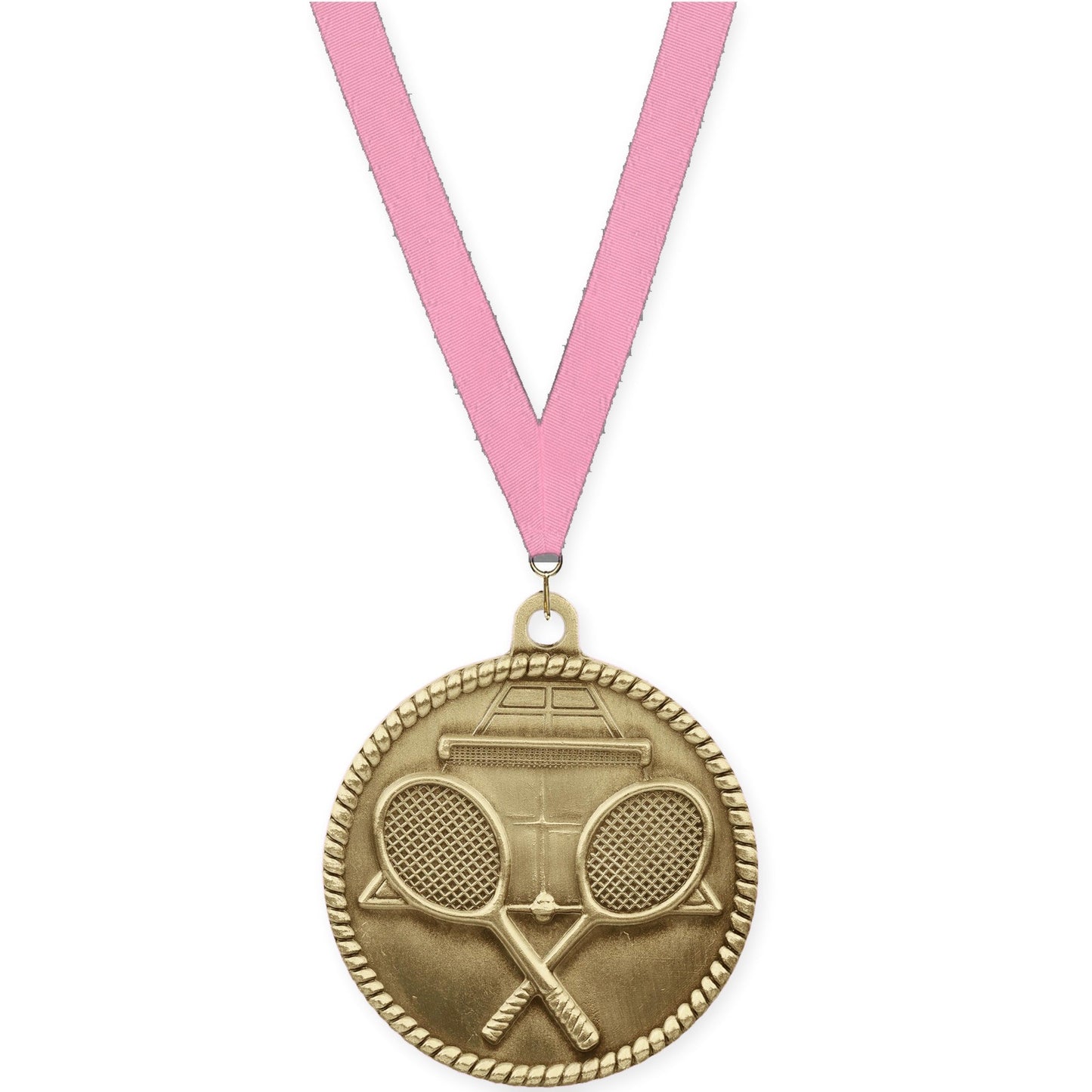 2 inch tennis High Relief medal in antique gold with Pink neck ribbon