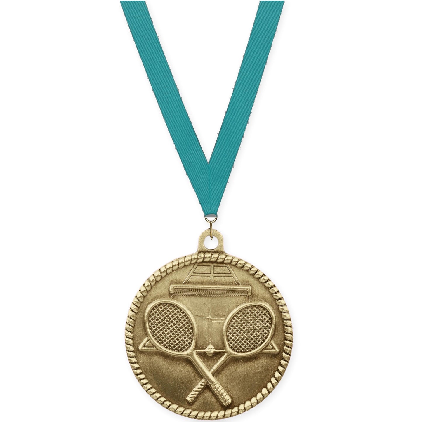 2 inch tennis High Relief medal in antique gold with Teal neck ribbon