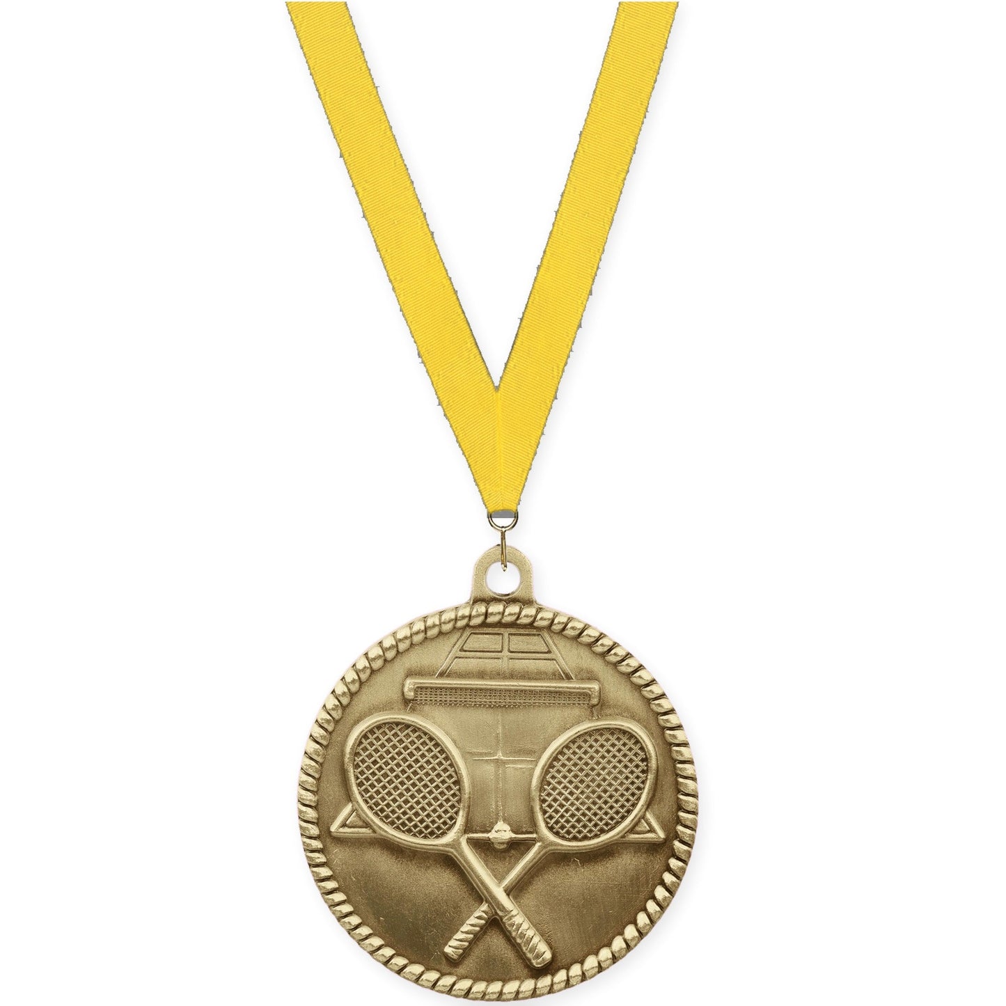 2 inch tennis High Relief medal in antique gold with Yellow neck ribbon