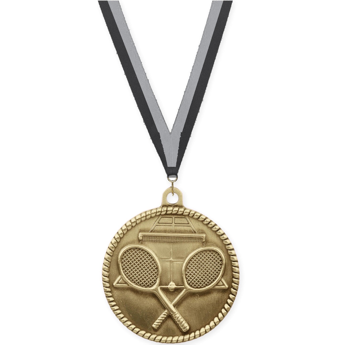 2 inch tennis High Relief medal in antique gold with Black Gray neck ribbon