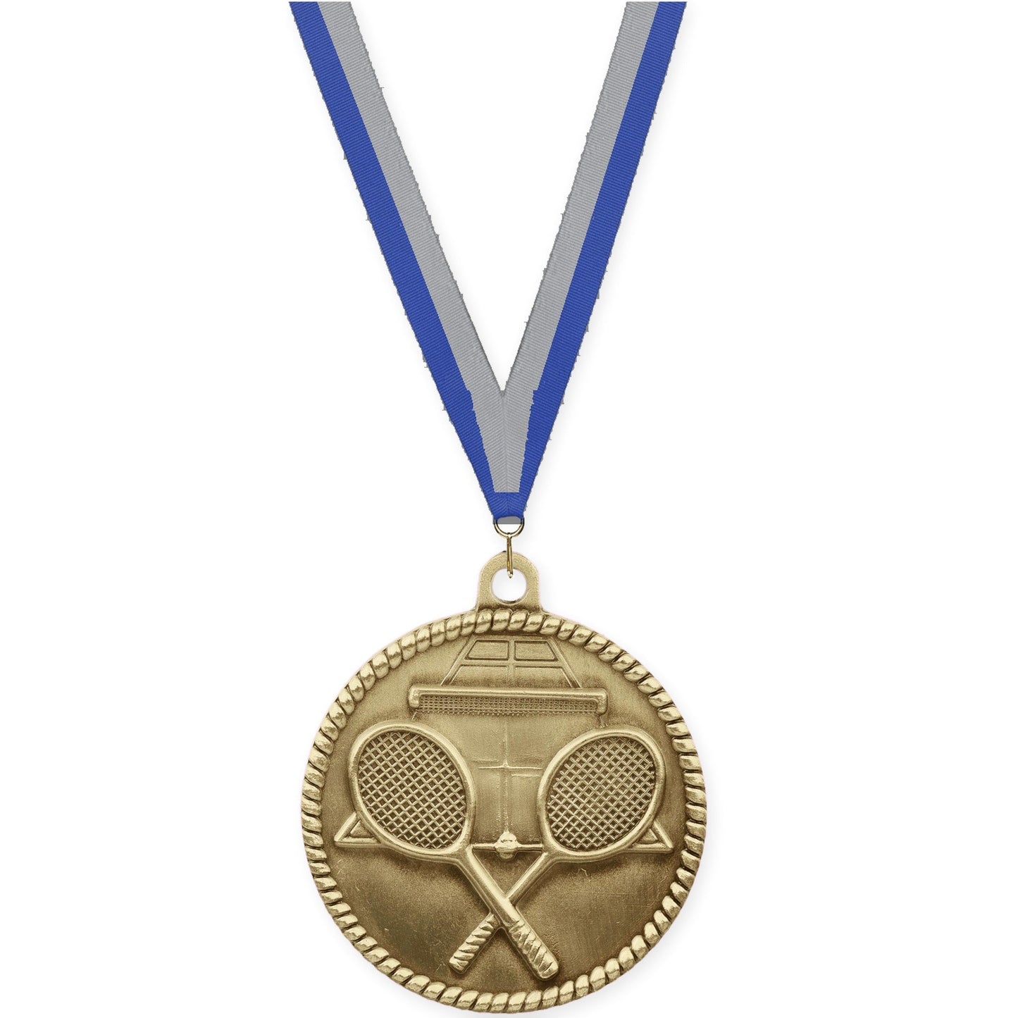 2 inch tennis High Relief medal in antique gold with Blue Gray neck ribbon