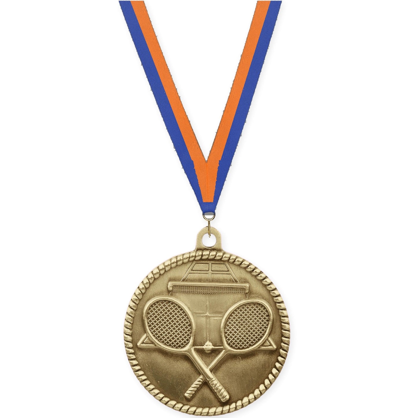 2 inch tennis High Relief medal in antique gold with Blue Orange neck ribbon