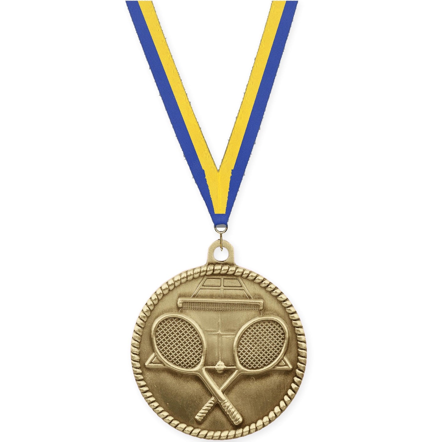 2 inch tennis High Relief medal in antique gold with Blue Yellow neck ribbon