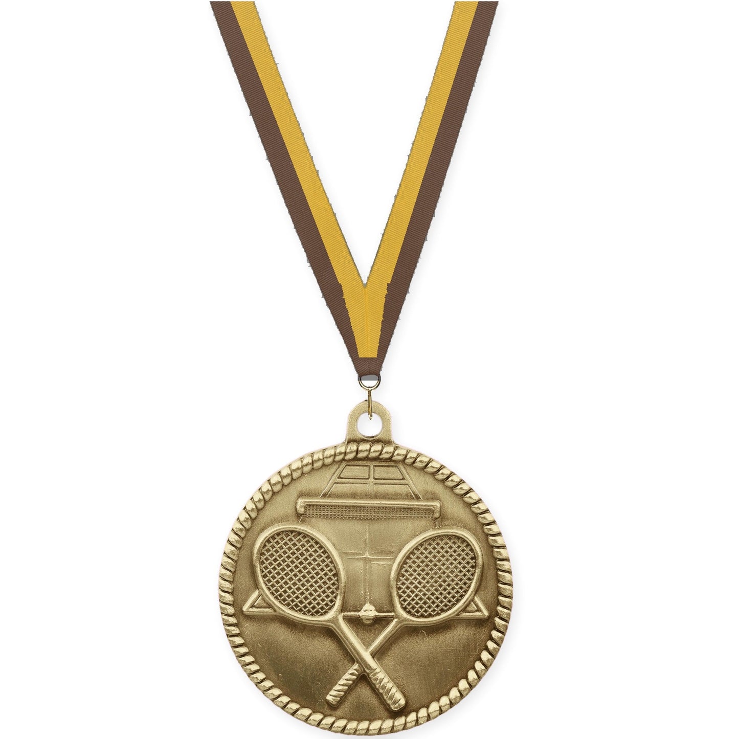 2 inch tennis High Relief medal in antique gold with Brown Gold neck ribbon