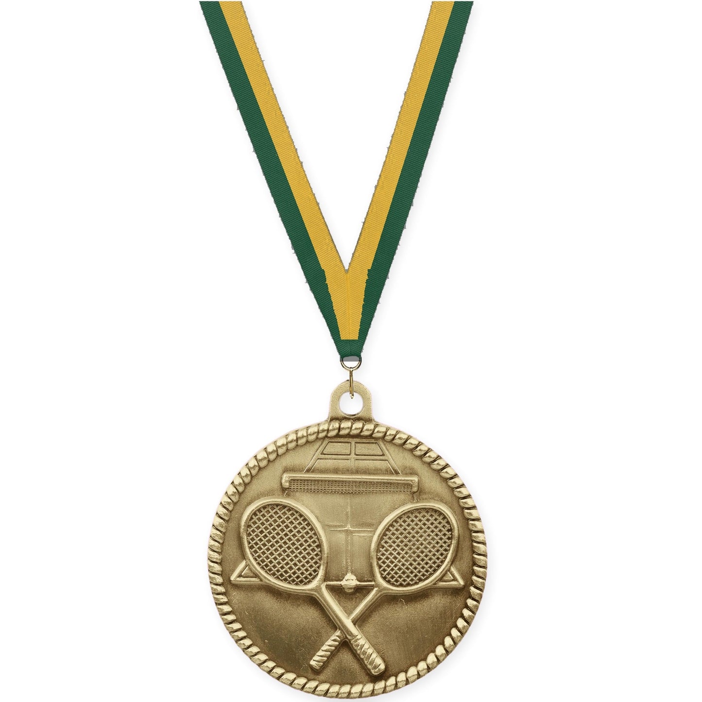 2 inch tennis High Relief medal in antique gold with Hunter Green Gold neck ribbon