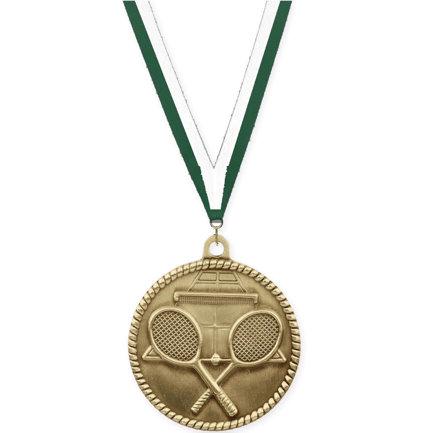2 inch tennis High Relief medal in antique gold with Hunter Green White neck ribbon