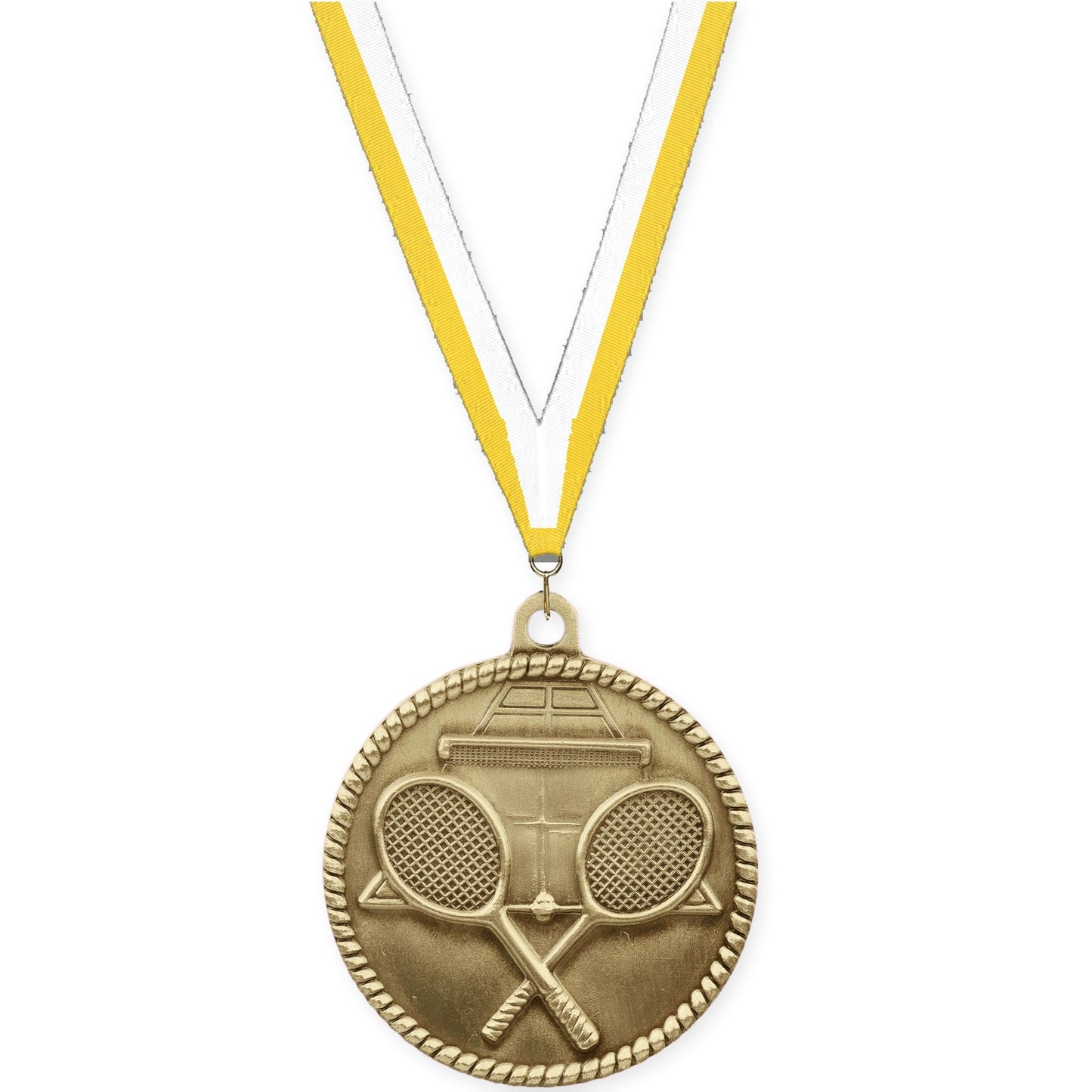 2 inch tennis High Relief medal in antique gold with Yellow White neck ribbon
