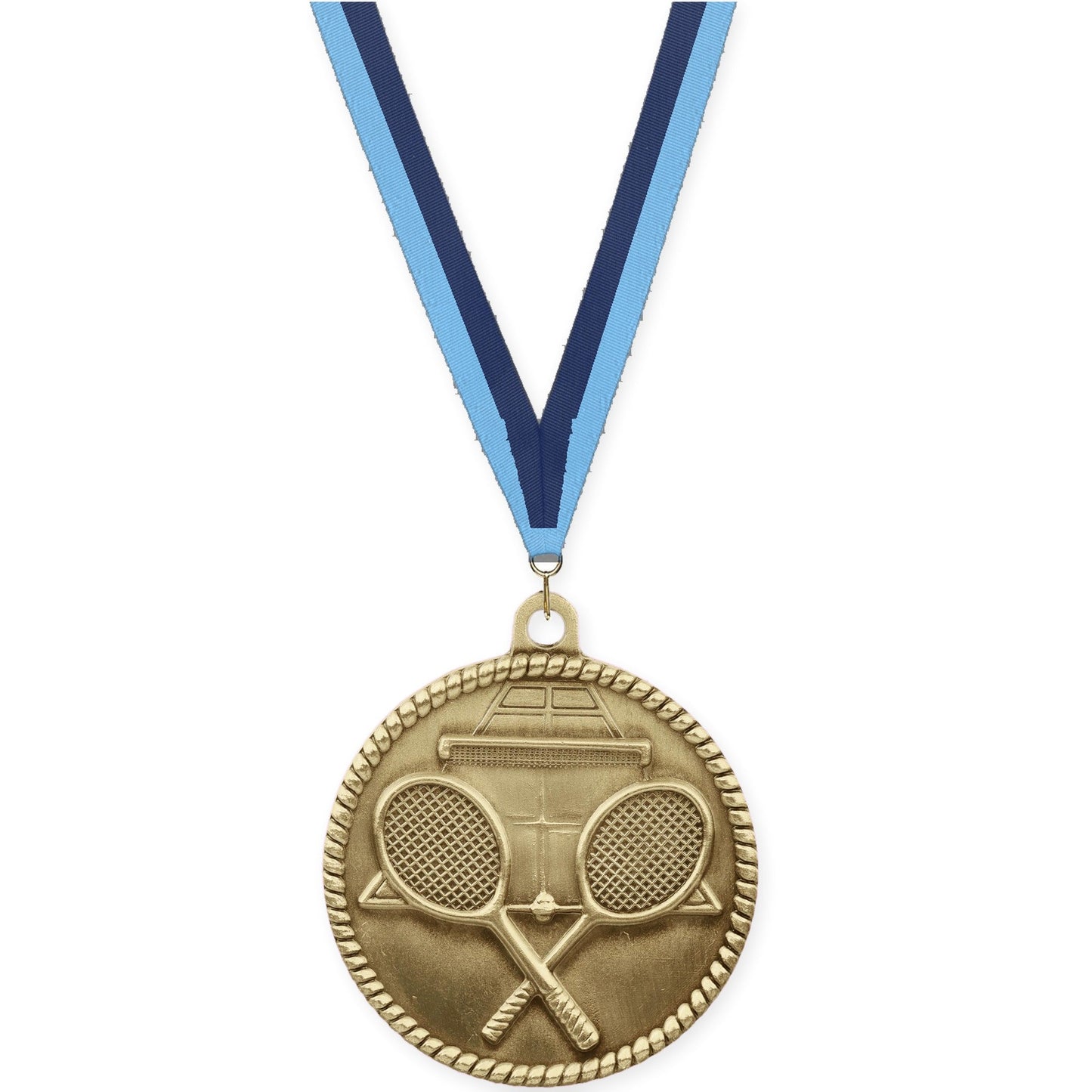 2 inch tennis High Relief medal in antique gold with Light Blue Navy neck ribbon
