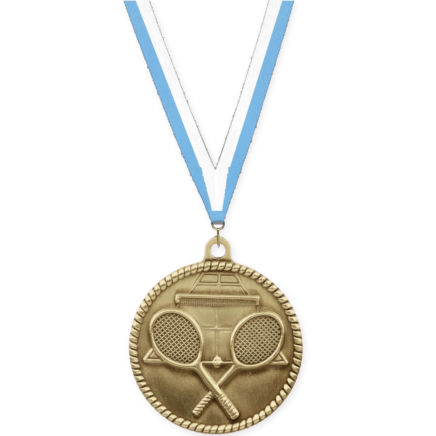 2 inch tennis High Relief medal in antique gold with Light Blue White neck ribbon