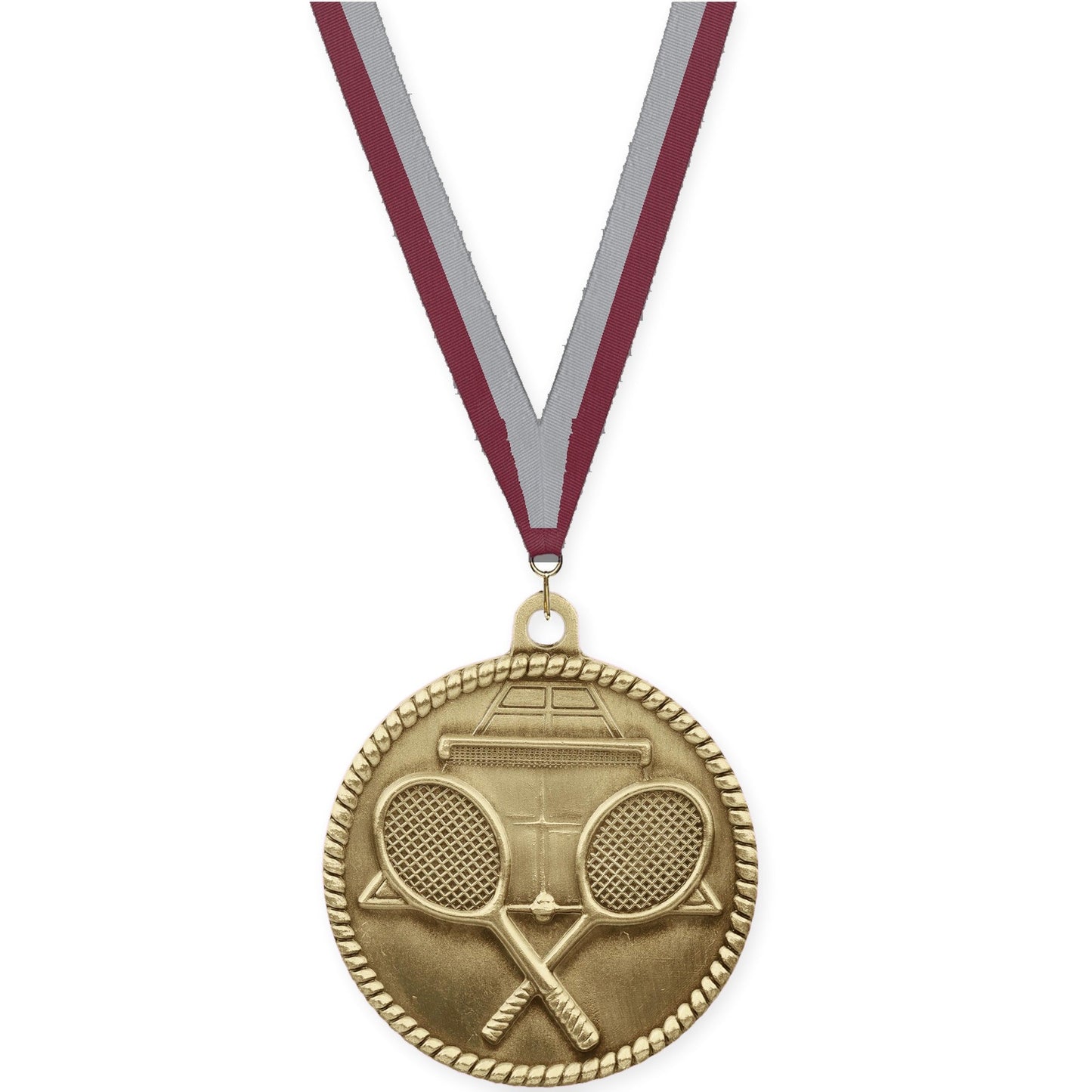 2 inch tennis High Relief medal in antique gold with Maroon Gray neck ribbon