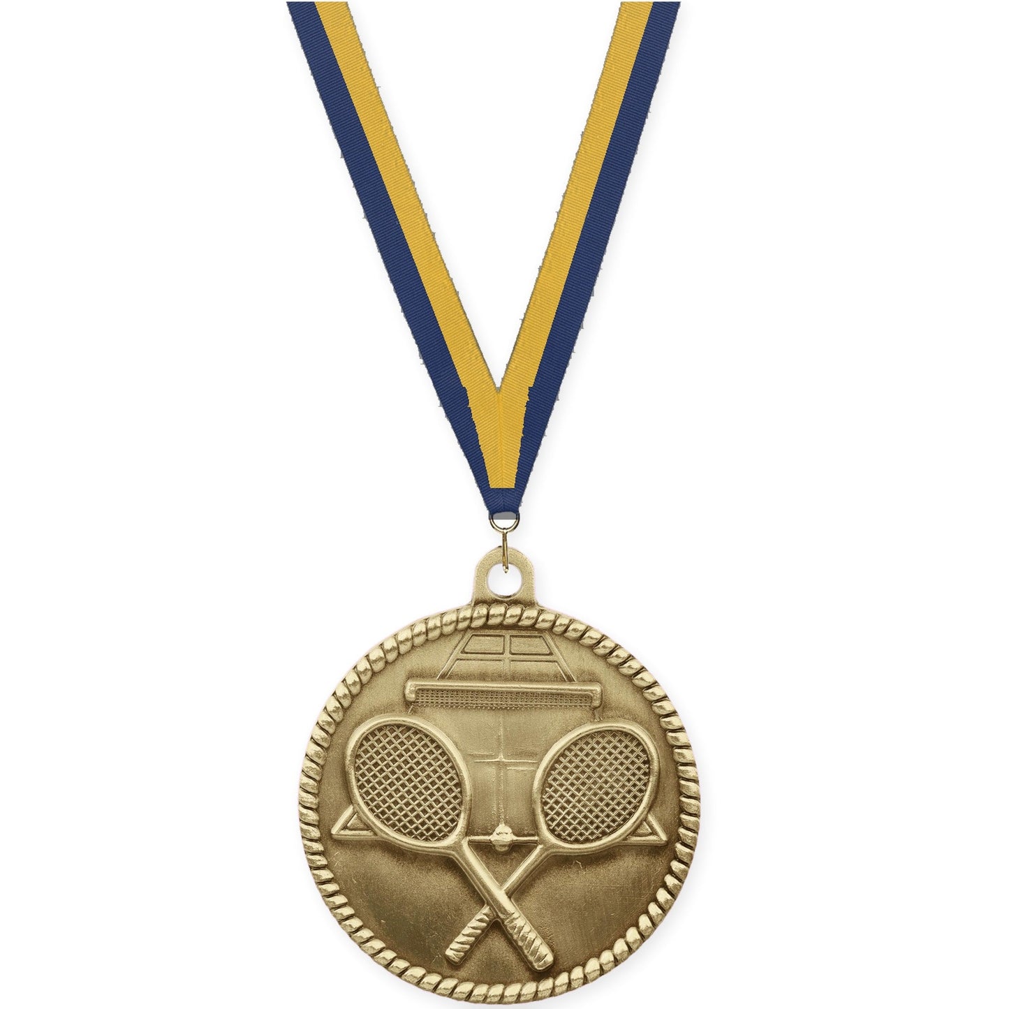 2 inch tennis High Relief medal in antique gold with Navy Gold neck ribbon