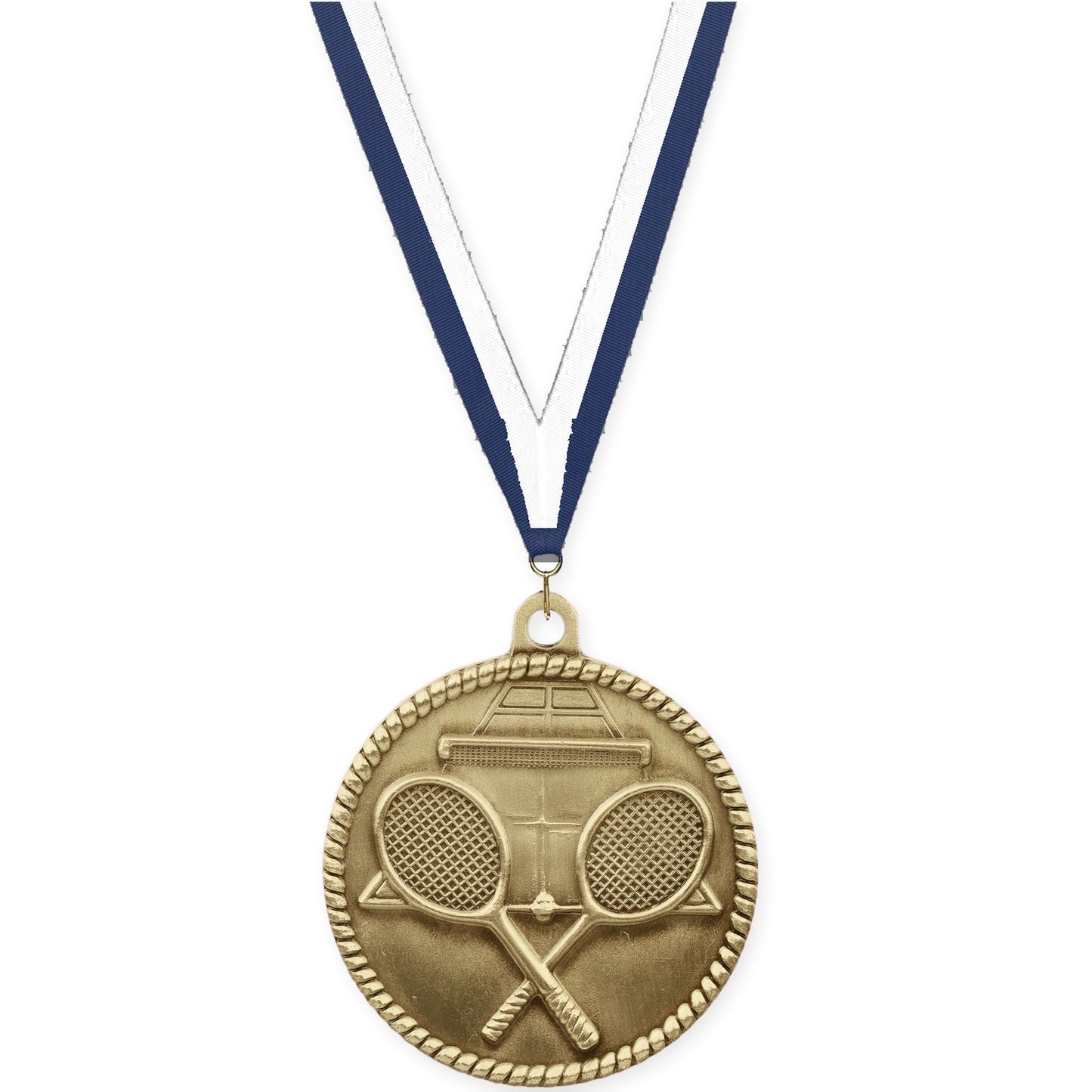 2 inch tennis High Relief medal in antique gold with Navy White neck ribbon